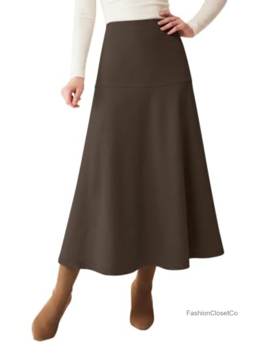 High Waist A Line Midi Skirt Flowy Flare Polyester Blend Fall Winter Casual